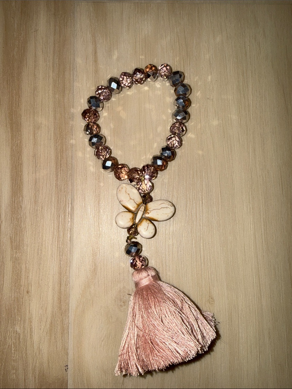 Pink Beaded Bracelet with Cream Butterfly and Pink Tassel